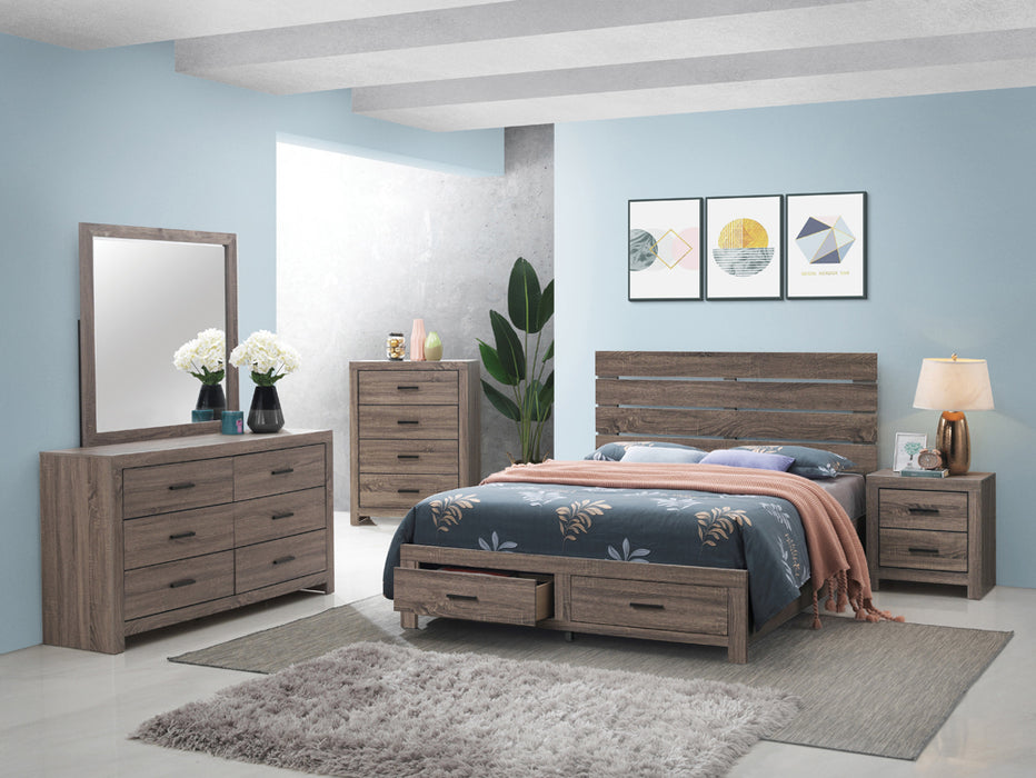 Rustic Brown Brantford Bedroom set that includes one bed, dresser, mirror, and nightstand, and chest.