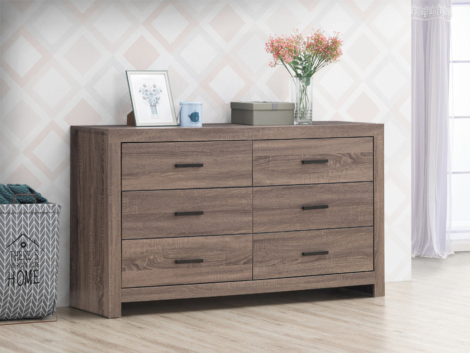 Front Side of Rustic brown Brantford dresser that includes six drawers.