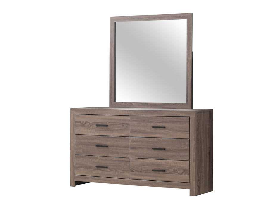 Front dresser and mirror of Rustic brown Brantford dresser that includes six drawers.