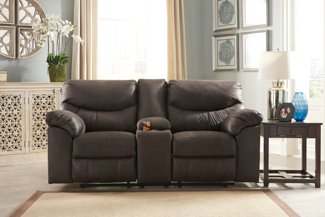 Boxberg Manual Reclining Loveseat with Console in Teak