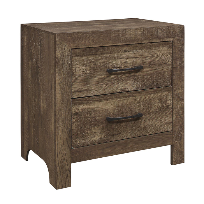 Rustic Brown Corbin nightstand that includes two storage drawers.