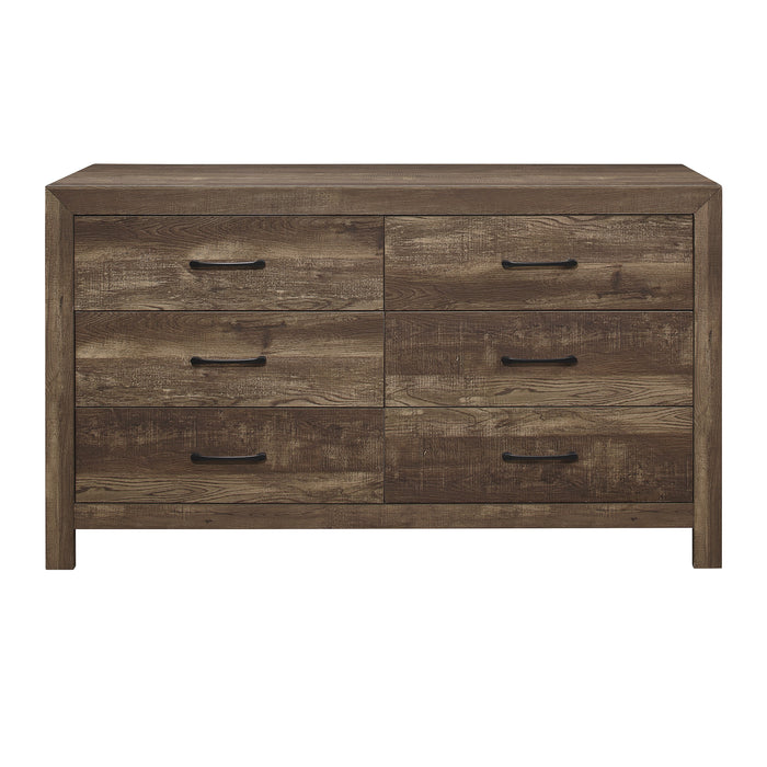 Rustic Brown Corbin dresser that includes six storage drawers.