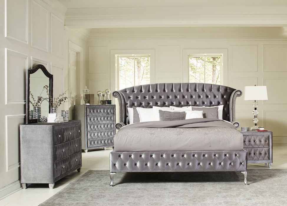 Deanna tufted grey with diamond studs bedroom set.
