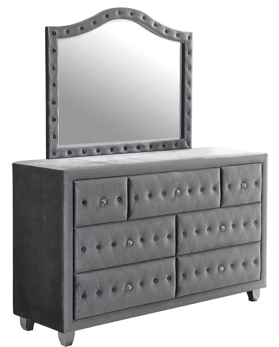 Deanna tufted grey with diamond studs dresser and mirror.