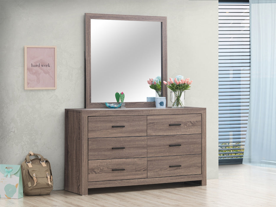 Front dresser and mirror of Rustic brown Brantford dresser that includes six drawers. 