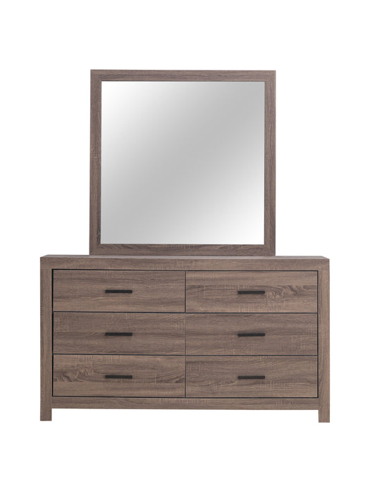 Front dresser and mirror of Rustic brown Brantford dresser that includes six drawers.