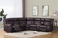 Bonded leather brown motion sectional with two consoles. 