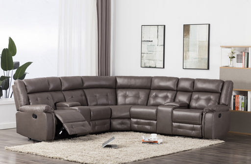 Bonded leather gray motion sectional with two consoles. 